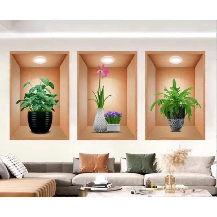 BFS  3D Çiçek Vazo Duvar Sticker 3 lü Set Kahverengi Fon