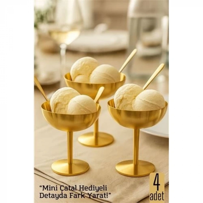 BFS  4 lü Gold Inox Çelik Ayaklı Dondurma ve Sunum Kasesi – Tatlı, Lokum ve Sunum Kabı