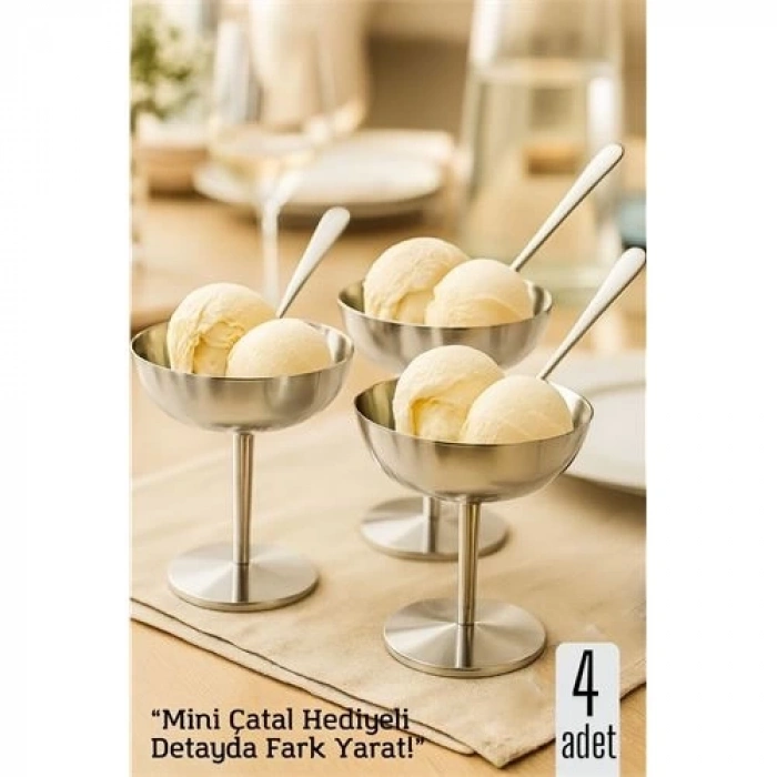 BFS  4 lü Gümüş Inox Çelik Ayaklı Dondurma ve Sunum Kasesi – Tatlı, Lokum ve Sunum Kabı