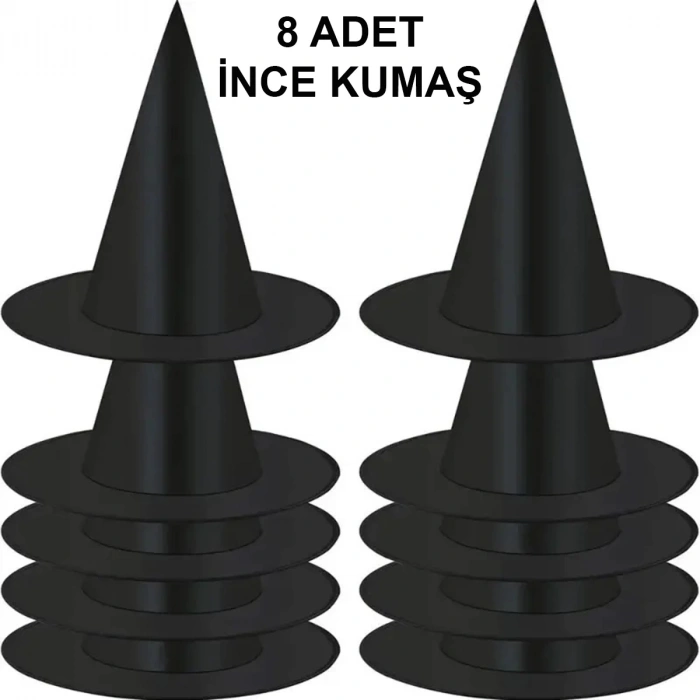 BFS 8 Adet Siyah Cadı Şapkası – Yetişkin  Çocuk Kostüm Aksesuarı