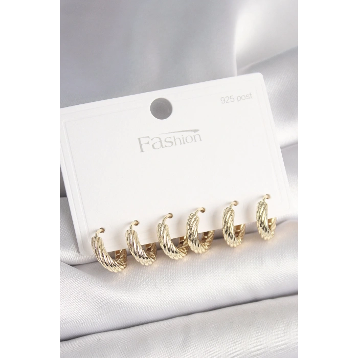 BFS 925 Ayar Gümüş Çivi Pirinç Gold Renk İşlemeli Halka Model Kadın Küpe Seti