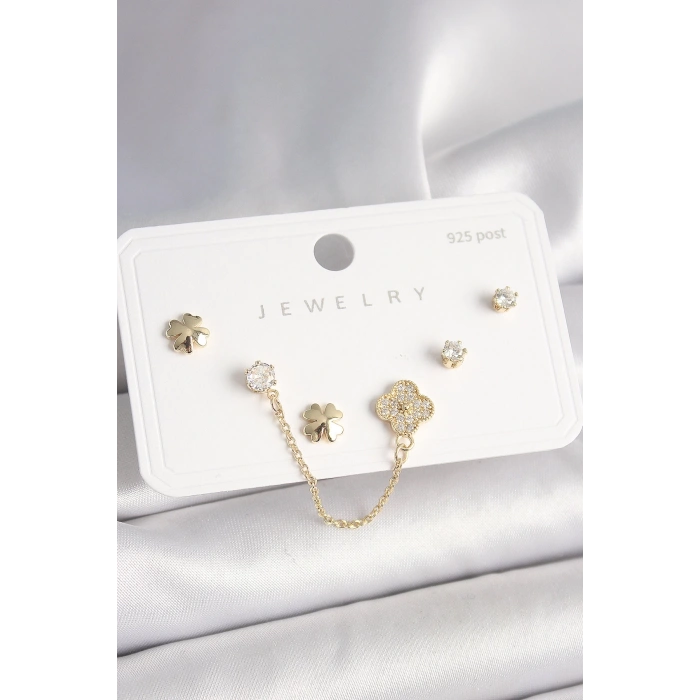 BFS 925 Ayar Gümüş Çivi Pirinç Gold Renk Zirkon Taşlı Yonca Model Sallantı Zincir Detay Kadın Küpe Seti