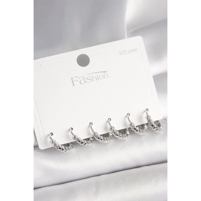 BFS 925 Ayar Gümüş Çivi Pirinç Gümüş Renk Kalp İşlemeli Halka Model Kadın Küpe Seti