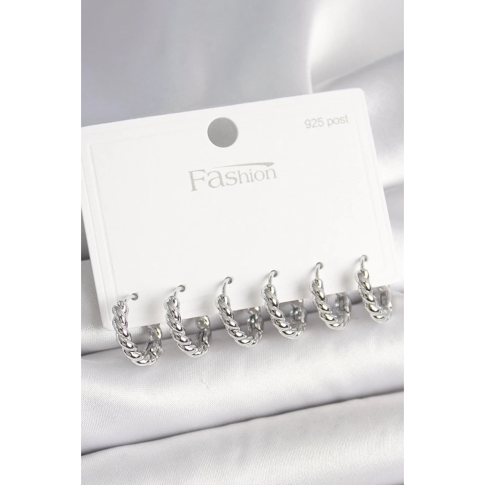 BFS 925 Ayar Gümüş Çivi Pirinç Gümüş Renk Sarmal Halka Model Kadın Küpe Seti