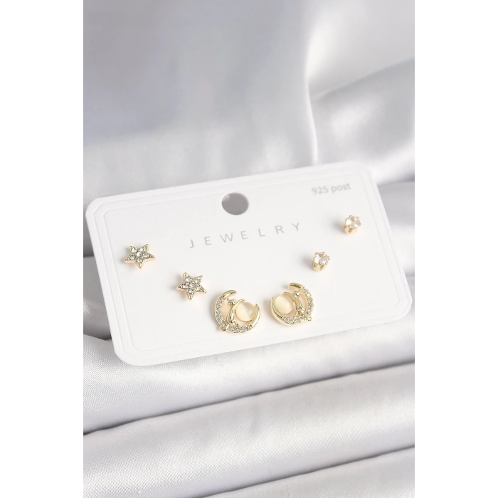 BFS 925 Ayar Gümüş Çivi Zirkon Taşlı Hilal Yıldız Model Kadın Küpe Seti