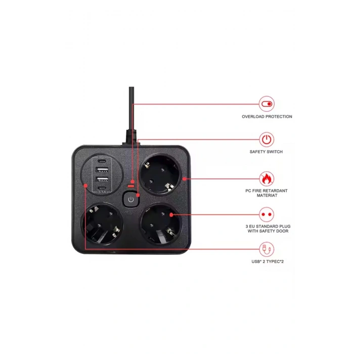BFS Akım Korumalı Anahtarlı Priz - 3x Priz - 2x Usb - 2x Type-c - 2 Mt Kablo Hızlı Şarj Özellikli Siyah