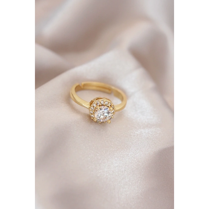 BFS Ayarlamalı Altın Renk Metal Zirkon ve Kristal Taşlı Oval Model Yüzük