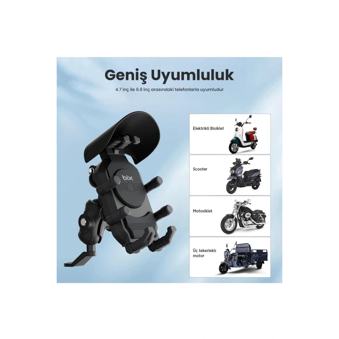 BFS Ayna Bağlantılı Güneş Ve Yağmur Korumalı 360° Derece Ayarlanabilir Motosiklet Telefon Tutucu