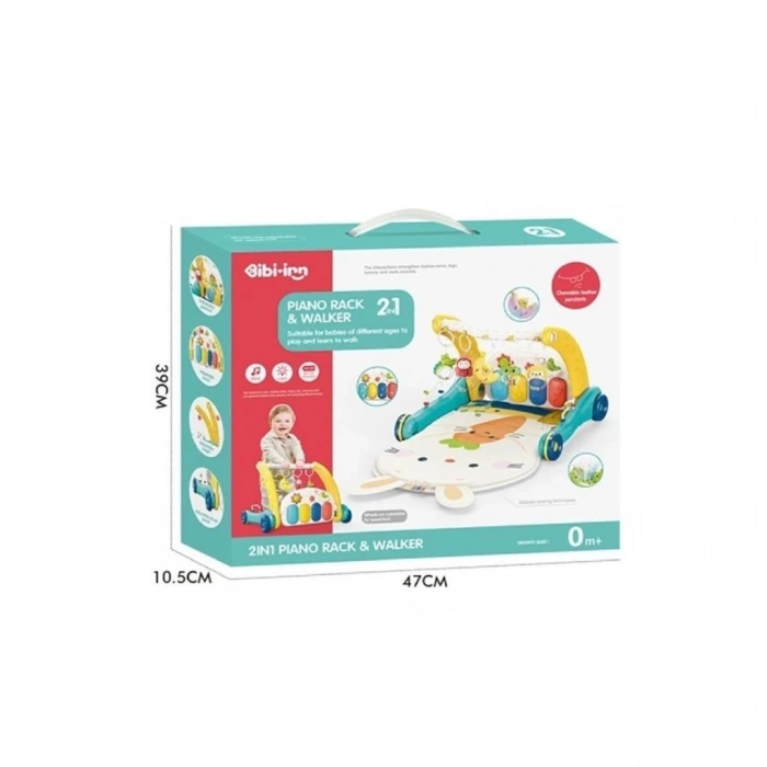 BFS  BIB6015 -Vardem Piyanolu 2 in 1 Bebek Yürüteci ve Tavşan Desenli Mavi Oyun Halısı