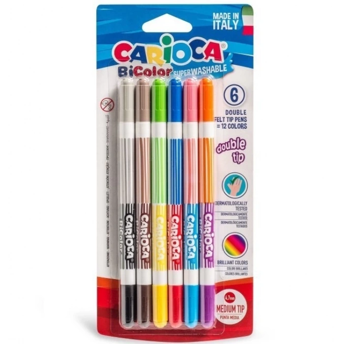 BFS   Carioca Bicolor Süper Yıkanabilir Çift Uçlu Keçeli Boya Kalemi 6Lı 12 Renk