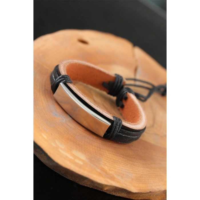BFS Çelik Aksesuarlı Siyah Renk Deri Erkek Bileklik