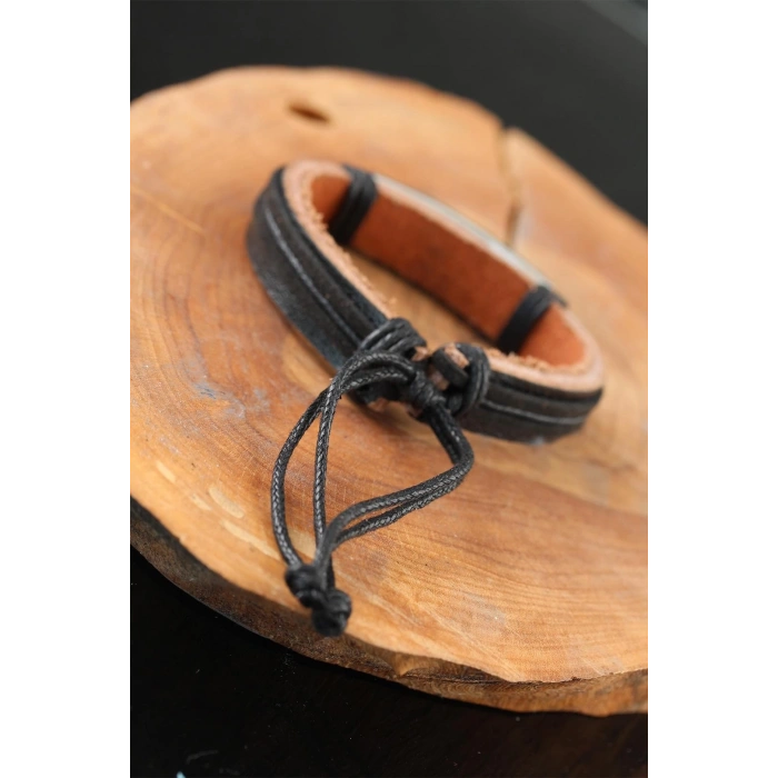 BFS Çelik Aksesuarlı Siyah Renk Deri Erkek Bileklik