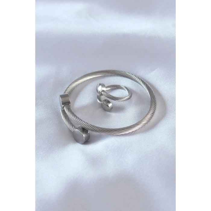 BFS Çelik Gümüş Renk Sıkı Burgu Model Erkek Bileklik Yüzük Seti