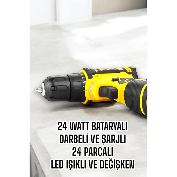 BFS Çift Bataryalı Metal Dişli Darbeli Şarjlı Matkap Seti 24W Güç ve 24 Parça Aksesuar