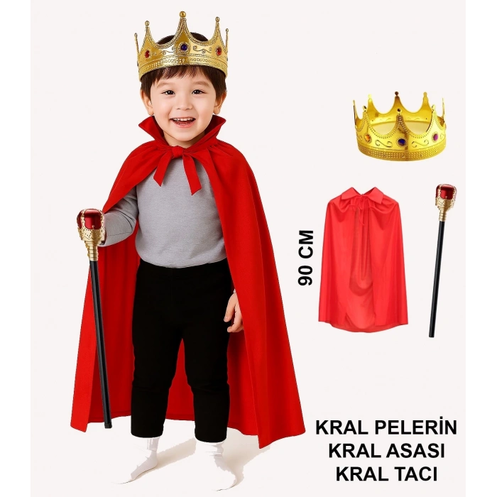 BFS Çocuk Kral Kostüm Seti – Kırmızı Pelerin, Taç Ve Asa (90 Cm)