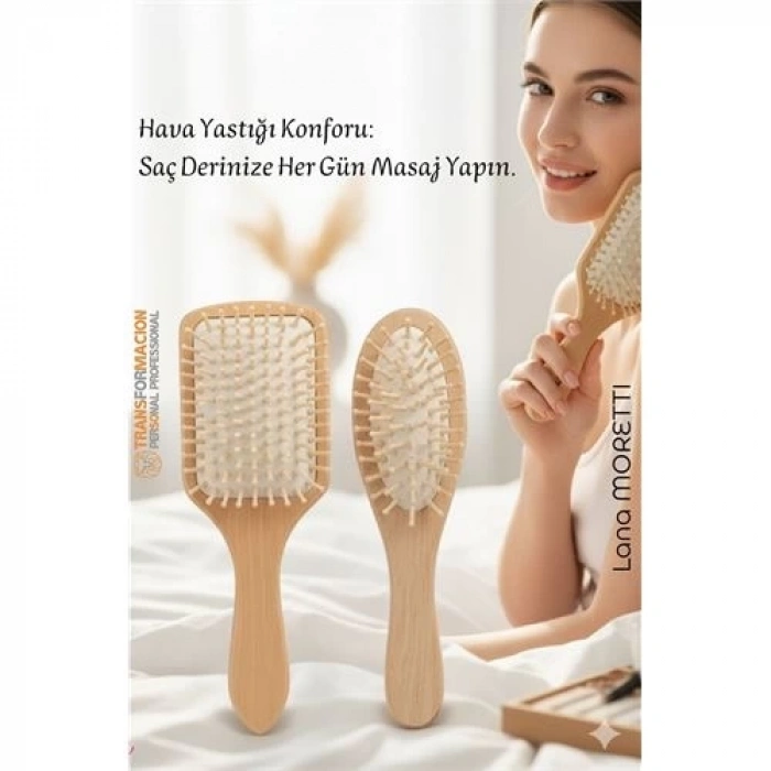 BFS Doğal Ahşap Antistatik Hava Yastıklı Saç Fırçası (2 Boy: 23x8 & 22x6 cm) -