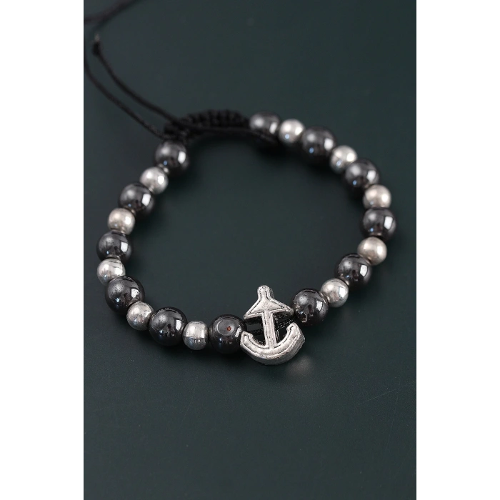 BFS Doğal Taş Çapa Model Gümüş Ve Füme Renk Asansörlü Erkek Bileklik