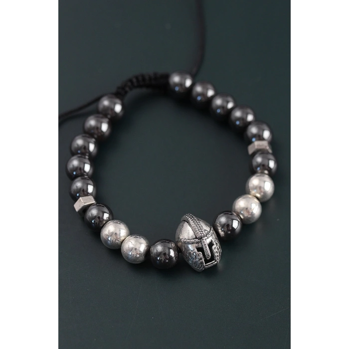 BFS Doğal Taş Gladyatör Model Gümüş Ve Füme Renk Asansörlü Erkek Bileklik