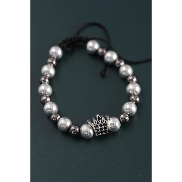 BFS Doğal Taş Kral Tacı Model Gümüş Ve Füme Renk Asansörlü Erkek Bileklik