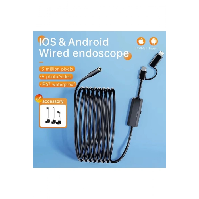 BFS Endoskop Yılan Video Kamera Ios Ve Android Uyumlu Led’li 10 Metre 8 Mm Sert Kablo 2mp