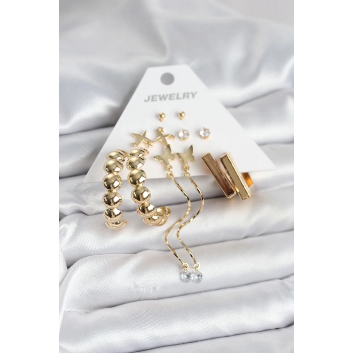 BFS Gold Renk Pirinç 6 Çift Kadın Küpe Seti