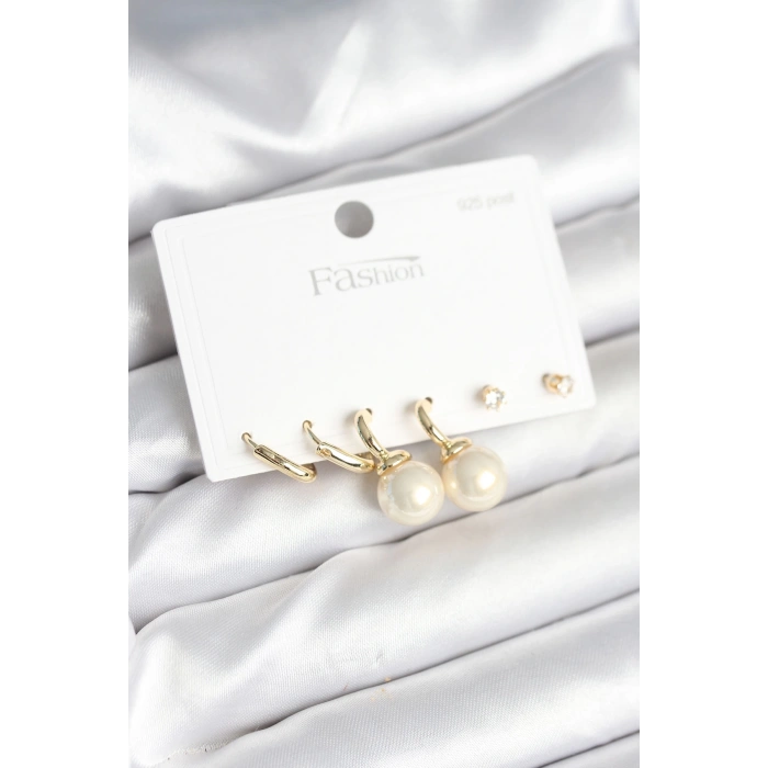 BFS Gold Renk Pirinç 925 Ayar Gümüş Çivili Kadın Küpe Seti