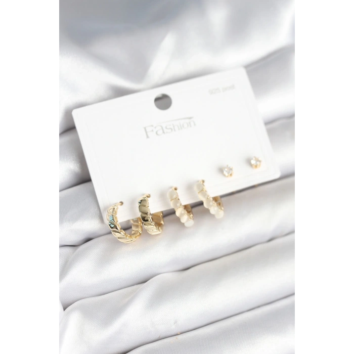 BFS Gold Renk Pirinç Halka 925 Ayar Gümüş Çivili Kadın Küpe Seti