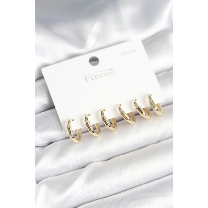 BFS Gold Renk Pirinç Halka Model 925 Ayar Gümüş Çivili Kadın Küpe Seti