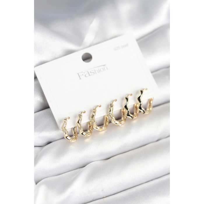 BFS Gold Renk Pirinç Zikzak Model 925 Ayar Gümüş Çivili Kadın Küpe Seti