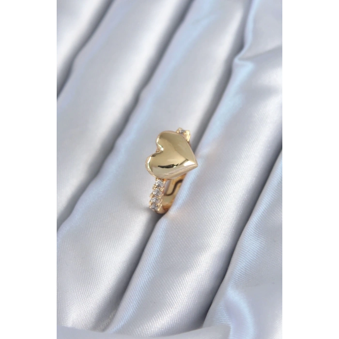 BFS Gold Renk Pirinç Zirkon Taşlı Kalp Model Kadın Yüzük