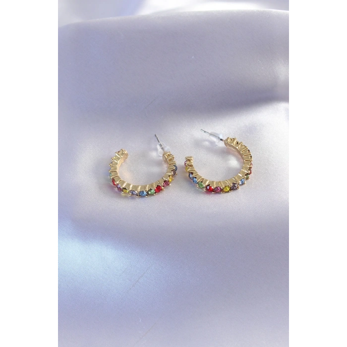 BFS Gold Renk Yarım Halka Model Renkli Kristal Taşlı Kadın Küpe