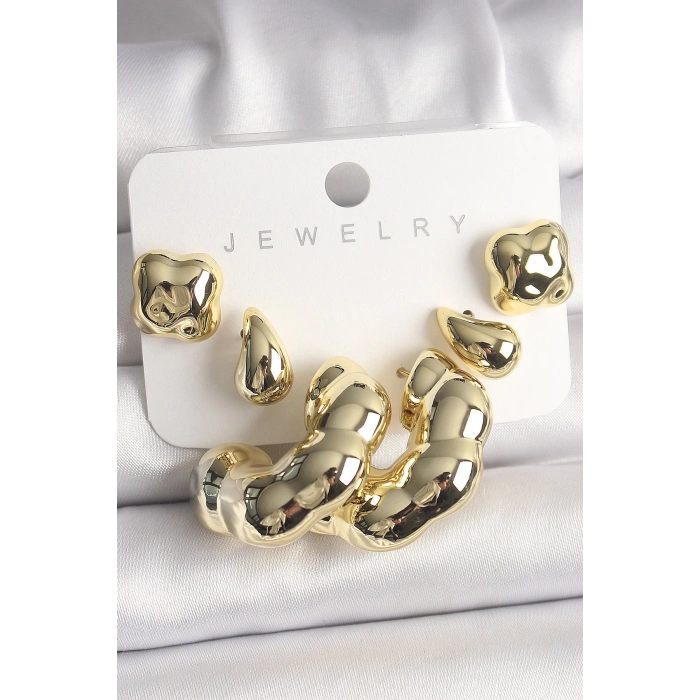 BFS Gold Renk Yonca Damla Halka Model CCB Plastik Kadın Küpe Seti