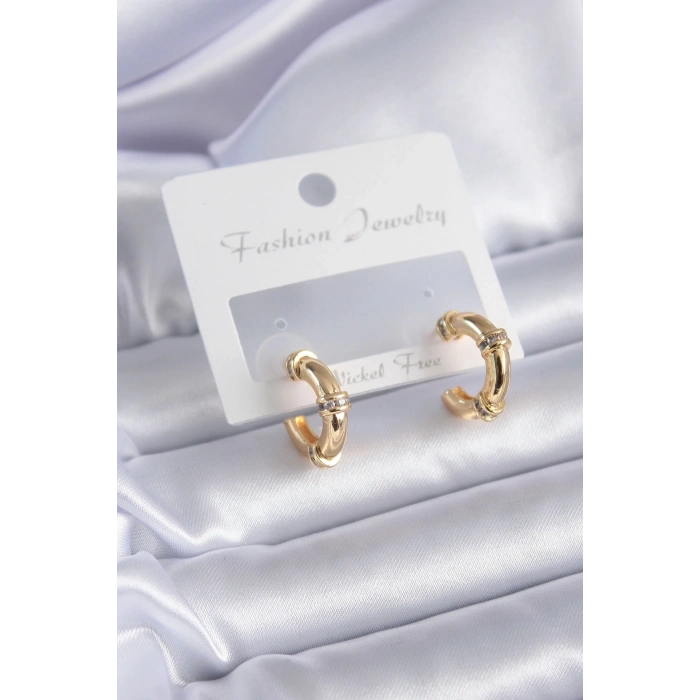 BFS Gold Renk Zirkon Taş Detay Halka Model Pirinç Kadın Küpe