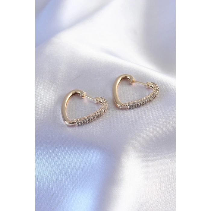 BFS Gold Renk Zirkon Taşlı Kalp Model Kadın Küpe