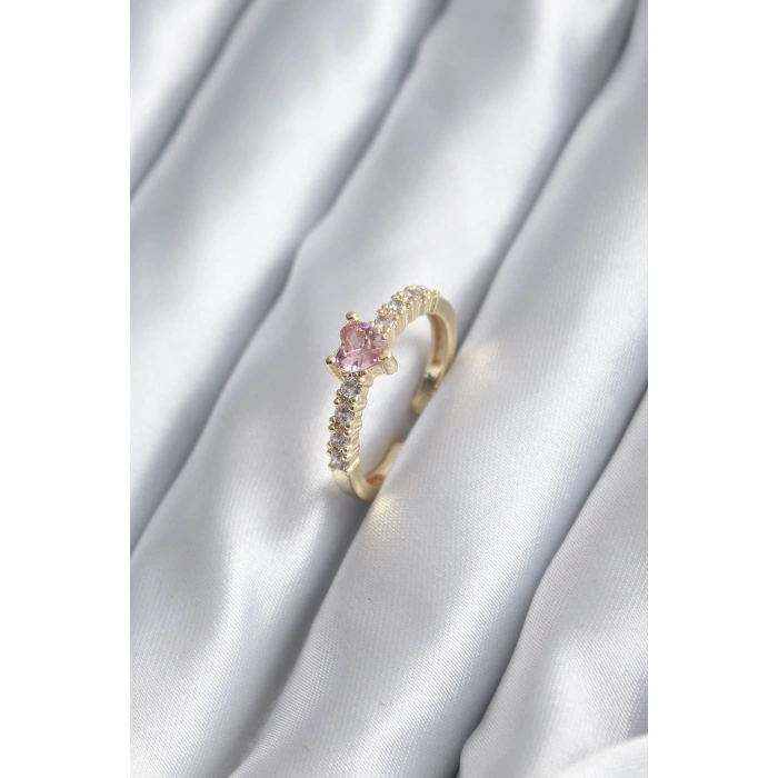 BFS Gold Renk Zirkon Taşlı Pembe Kristal Kalp Model Kadın Yüzük
