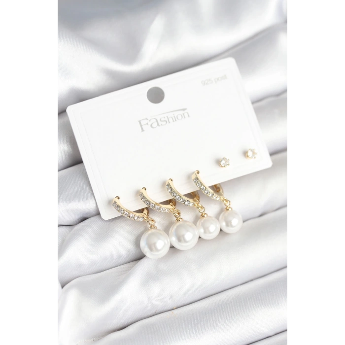 BFS Gold Renk Zirkon Taşlı Pirinç İncili 925 Ayar Gümüş Çivili Küpe Seti