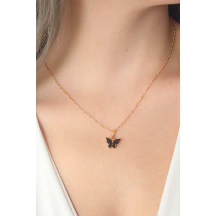 Mey İthalat® Gold Siyah Renk Kelebek Figür Kadın Kolye