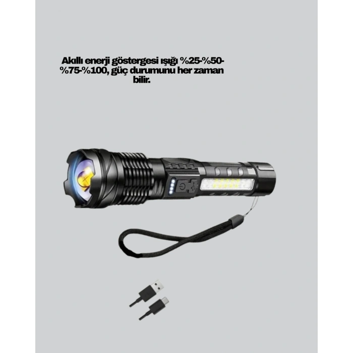 Mey İthalat® Güçlü LED El Feneri Şarj Edilebilir Çok Modlu