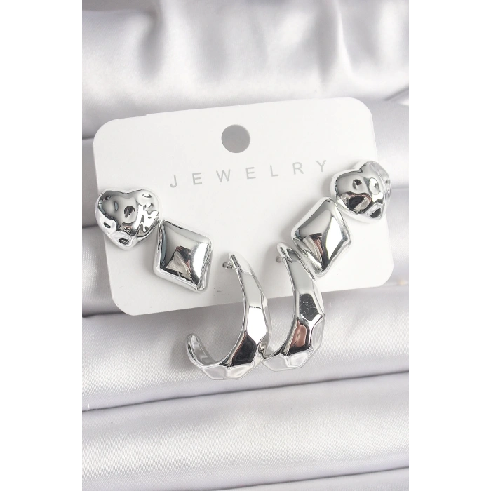 BFS Gümüş Renk Kalp Halka Figür CCB Plastik Kadın Küpe Seti