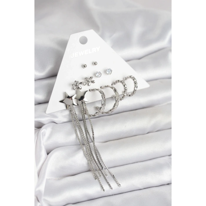 BFS Gümüş Renk Pirinç 6 Çift Kadın Küpe Seti