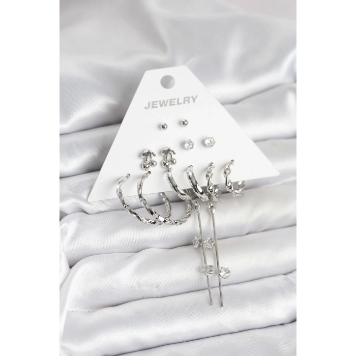 BFS Gümüş Renk Pirinç 6lı Kadın Küpe Seti