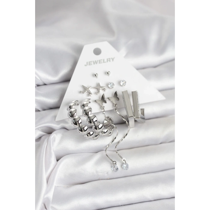 BFS Gümüş Renk Pirinç 6lı Kadın Küpe Seti