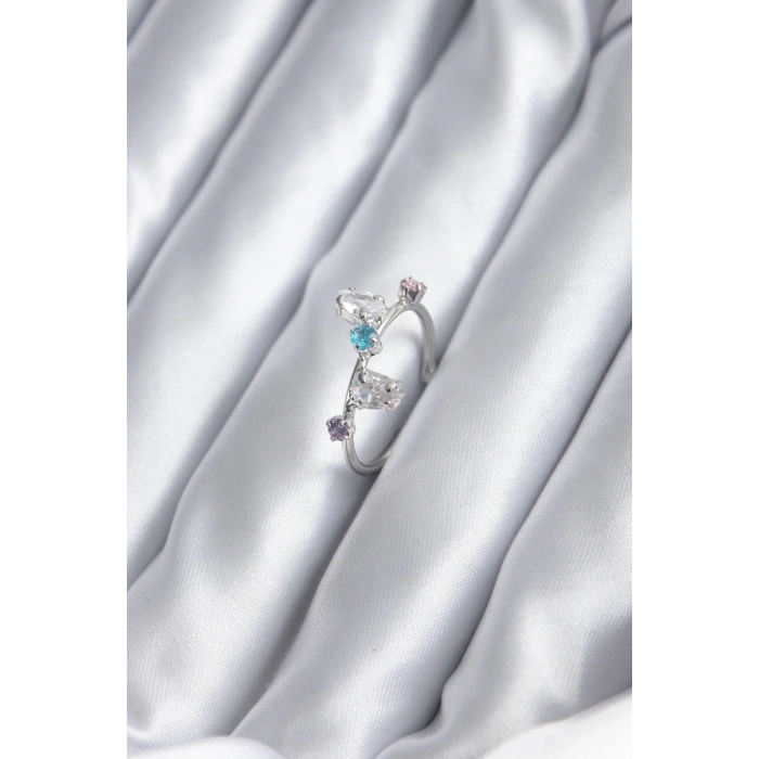 BFS Gümüş Renk Renkli Zirkon Taşlı Kadın Yüzük