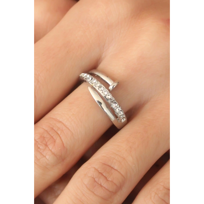 BFS Gümüş Renk Taşlı Çivi Ayarlanabilir Kadın Yüzük