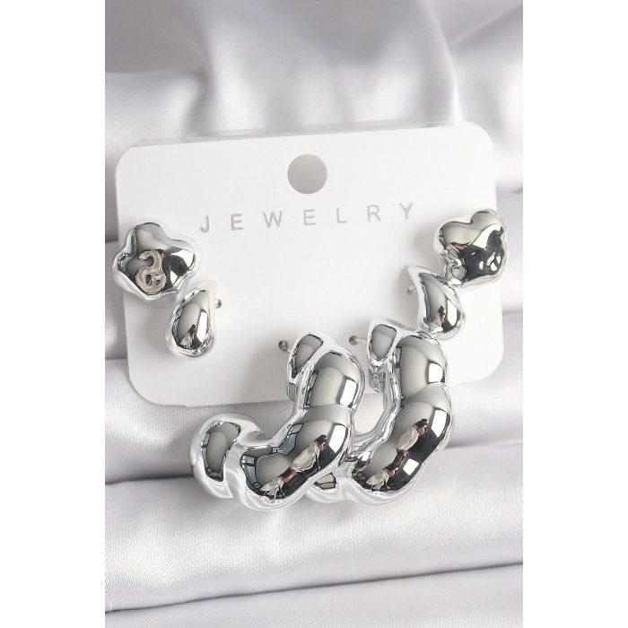 BFS Gümüş Renk Yonca Damla Halka Model CCB Plastik Kadın Küpe Seti