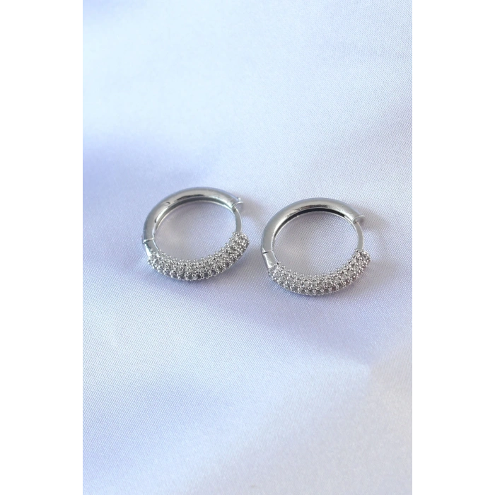 BFS Gümüş Renk Zirkon Taşlı Halka Model Pirinç Kadın Küpe