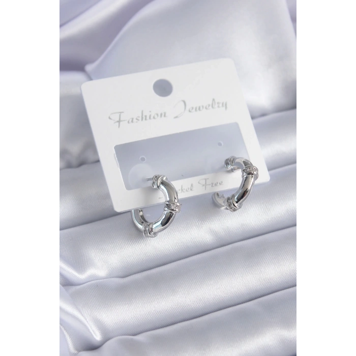 BFS Gümüş Renk Zirkon Taşlı Halka Model Pirinç Kadın Küpe