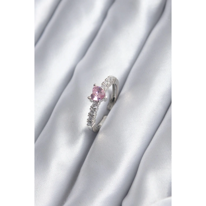 BFS Gümüş Renk Zirkon Taşlı Pembe Kristal Kalp Model Kadın Yüzük