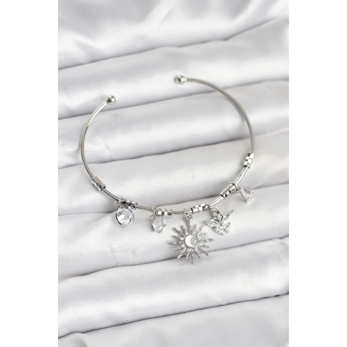 BFS Güneş Charmlı Gümüş Renk Pirinç Kadın Bileklik