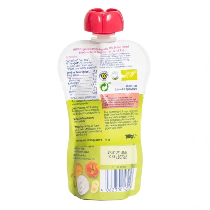 BFS   Hipp Organik Mangolu Yoğurtlu Muzlu Şeftali Püresi 100 Gr